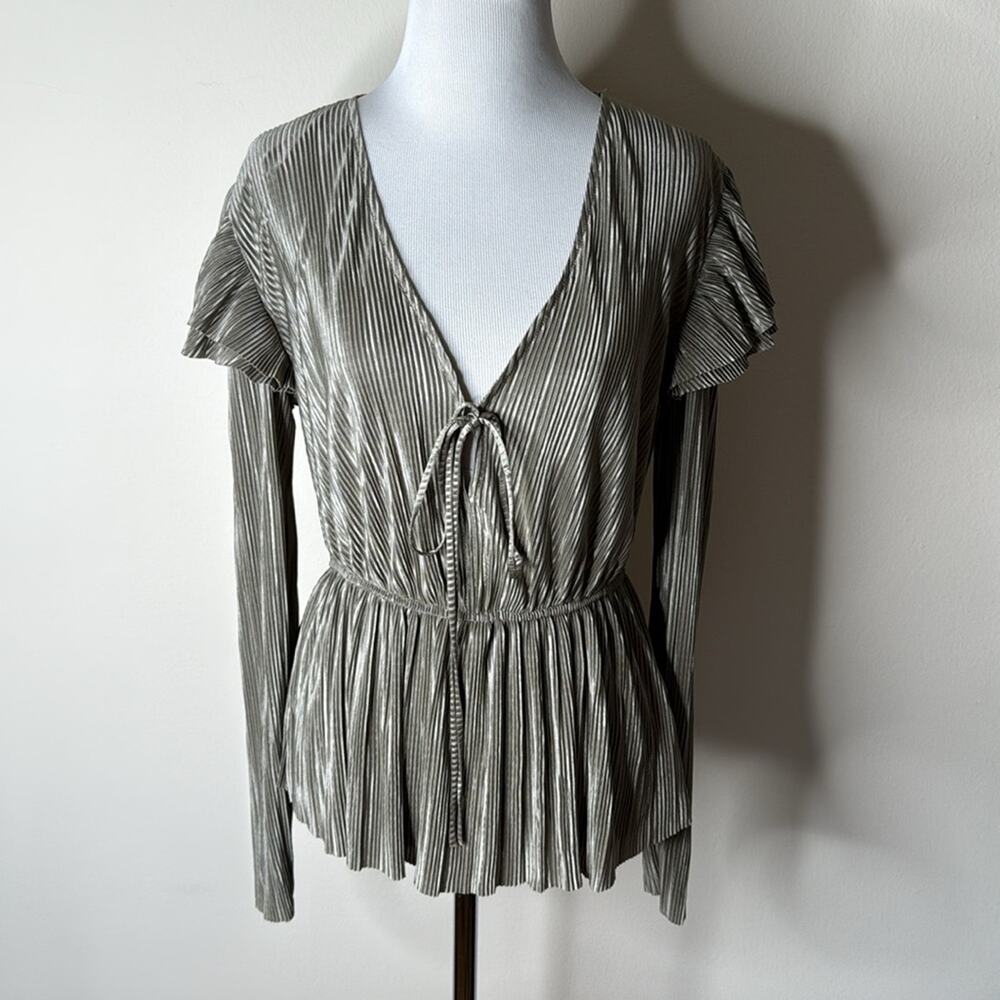 Zara Mink Beige Crinkle Fabric Ruffle Shoulder Top